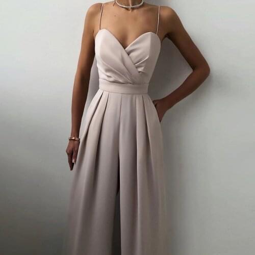 Elegant Fold V Neck Straight Jumpsuit Women 2021 Spring Backless High Waist Sling Bodysuit Summer Solid Wide Leg Romper Overalls