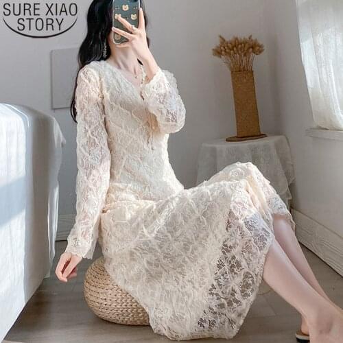 Button High Waist Long Dress Sweet Vintage lace dress for Women 2021 New V-neck A-Line Solid Long Sleeve Spring Dresses 12909