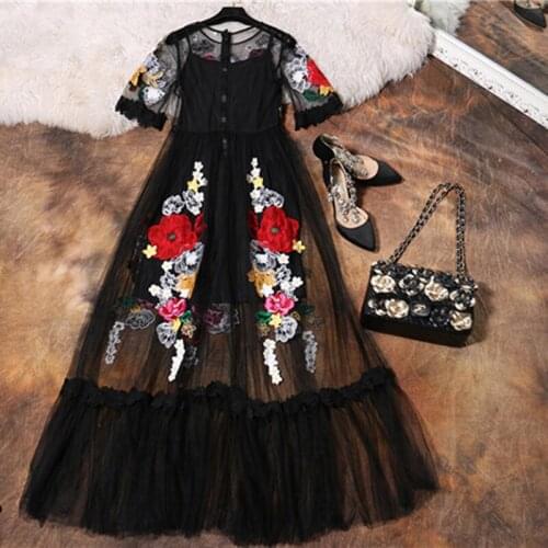 Summer Luxury Fashion Designer New Elegant Flower Embroidery Appliques Black Mesh Slim Women Vintage Long Dress