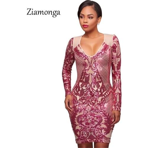 Ziamonga Fashion Long Sleeve V-Neck Sexy Sequin Dress Autumn Sheer Party Dresses Winter Women Mini Bodycon Dress Christmas Gift