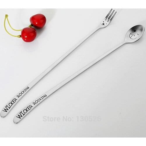2Pcs New Heavy Long Handle Stainless Steel Cake Dessert Fruit Forks Spoon tableware Amile Face Kitchen Decorative Accessories