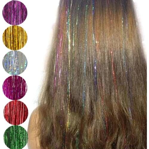 2Pcs Girls Hair Styling 8 Colors Hair Tinsel Sparkle Glitter Straight False hair Extension Strands Long Wig Piece Party Makeup