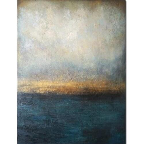 Abstract Ocean Painting Blue Gray Gold Hand Art Oil On Canvas Modern Landscape Artwork Colorful Sunset Wall Decor Large Gift