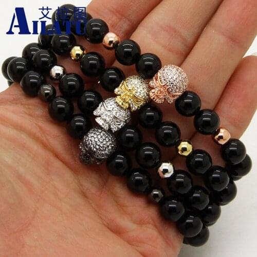 Ailatu 8mm Black Onyx Stone Beads Micro Paved White Cz Exquisite Ugly Skull Bracelets