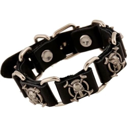 Gothic Punk Rock Leather Bracelet Vintage Metal Skull Beads Charms Fashion Black Cuff Wristbands Unisex Bangle Skeleton Jewelry