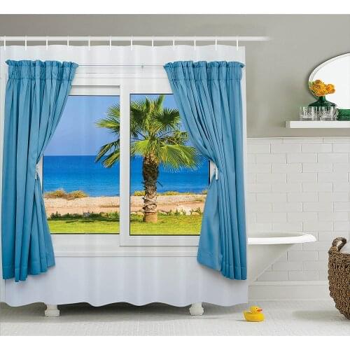 House Decor Shower Curtain Blue Curtains White Walls Sunny Day Shore Palm Tree ?sland View Horizon Rest Bathroom Curtains