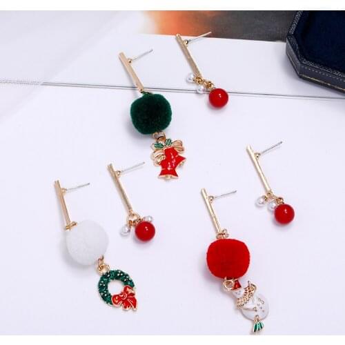 European and American fashion Christmas earrings oily snowman bell series hair ball beads pendant asymmetric earrings girlfriend