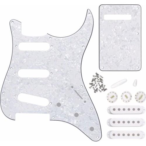 FLEOR White Pearl 11 Holes ST Guitar Pickguard SSS Back Plate Pickup Covers 2T1V Knobs Switch Whammy Bar Tip Guitar Parts