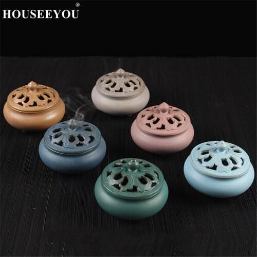 HOUSEEYOU Colorful Coil Incense Burner Ceramic Stick Incense Holder Aromatherapy Censer for Home Buddhist Temple