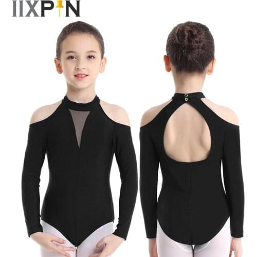 IIXPIN Girls Leotards Ballet Off-shoulder Long Sleeves Mock Neck Cutout Back Ballet Dance Gymnastics Leotard Jumpsuit Bodysuit