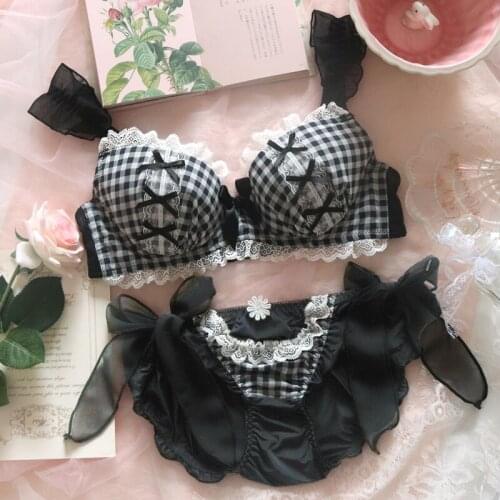Girl bralette soft sexy cute black plaid lingerie underpants suit plus size bra and panty set push up women intimates sexy