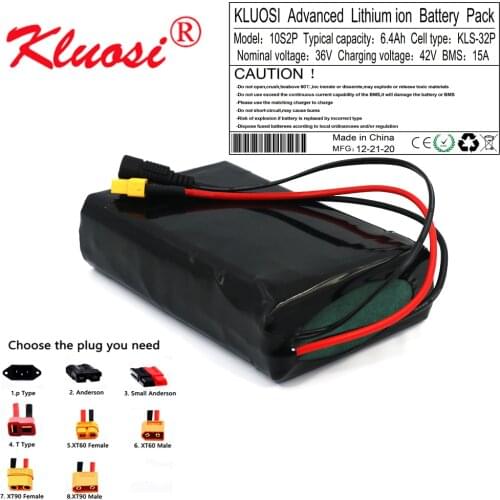 KLUOSI 10S2P 36V 6.4Ah 6Ah 450W 42V Lithium Battery Pack with 15A BMS for Scooter Skateboard Electric Bicycle Electric Scooter