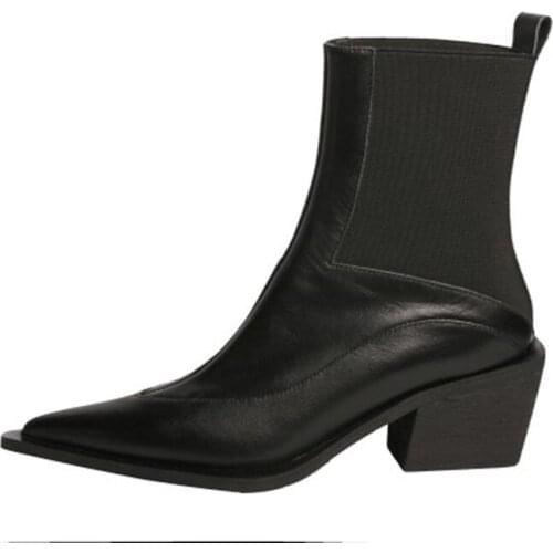 MKKHOU Fashion Short Boots Womens New Genuine Leather Personality Pointed Toe Platform Thick Heel Chelsea Leather Boots Women