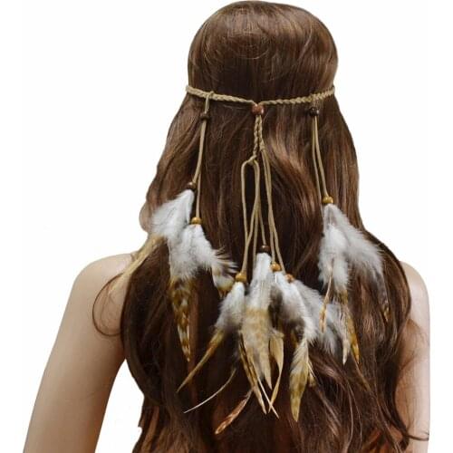 New Fashion Handmade Ethnic Tribal Gypsy Rope Wood Beads Feather Hairband Hair Clip Women Jewelry