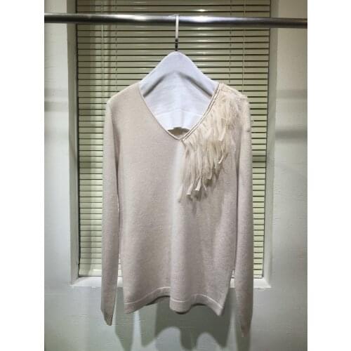 Fashion ladies 2021 new long sleeve sexy casual feather decoration cashmere sweater 1027