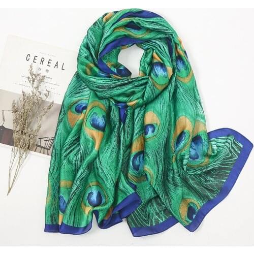 Luxury Ethnic Hijab Scarf Women Cotton Shawl Long Printed Green Peacock Feather Muslim Hijab Shawls and Wraps Foulard Bandana