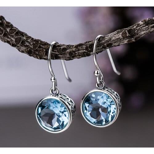 Silver 925 Earring Fashion Large Round Sky Blue Sapphire Zircon Earrings Wedding Engagement Jewelry Long Fashion Women Gift
