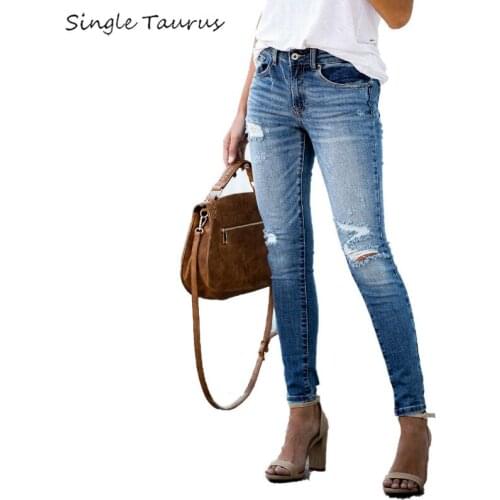 2020 New Slim Skinny Jeans Women Mid Waist Knee Hole Distressed Jeans Woman Streetwear Denim Ropa Mujer S-2XL Casual Vaqueros