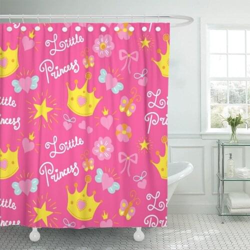 Pink Little Princess Pattern Girl Baby for Birthday Kids and Sweet with Stars Crowns Bows Hearts Shower Curtain Waterproof