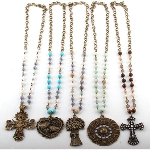 Fashion Jewelry Natural Stone & Glass Crystal Long Chain Metal Pendant Necklaces Women Ethnic Necklace