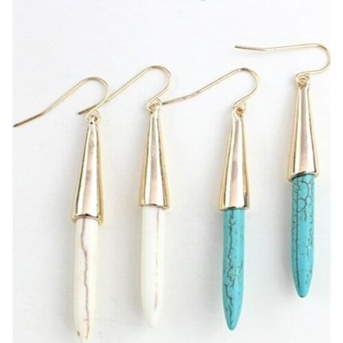 Vintage Needle Pin Green White Marble Natural Stone Drop Earrings Gold Color Brincos Pendientes Jewelry For Women