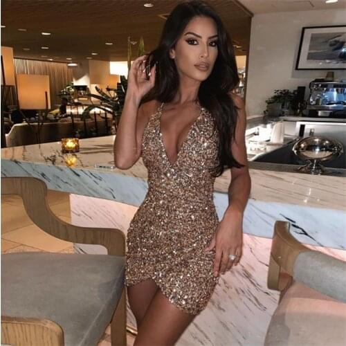Women Sexy Sequined Bodycon mini dress Women V-neck Self Cultivation Dresses Slim Sleeveless Ladies evening Party Dress
