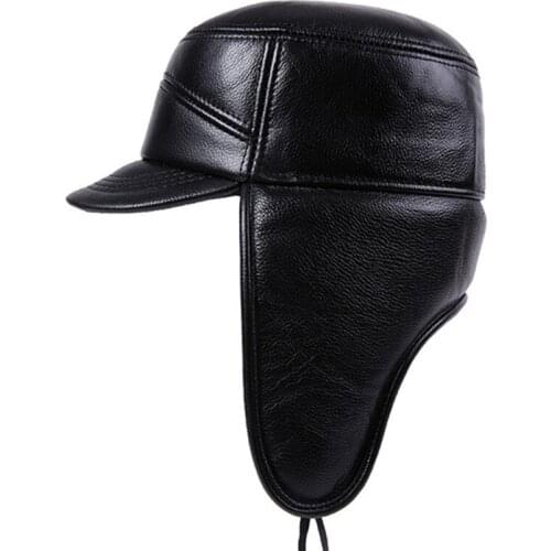 Winter warm cowhide hats new mens warm earmuffs hat baseball caps natural genuine leather cap middle-aged elderly winter hats