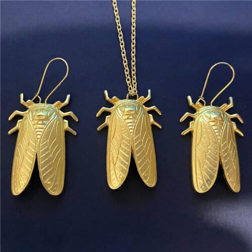 1set Necklace Earrings New Design! Gold Cicada Lucky Insect Earrings, Unique