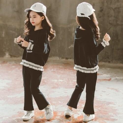 Boutique Girl Smiley Print Clothing Set Full Sweatshirt Hoodies Coat and Trousers Sport Suit Black White 2pc Kids Clothes