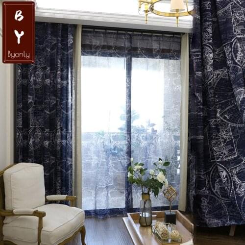 2021 British Map Childrens Study Room American Modern Simple Printing Semi-shading Cotton Linen Curtain Fabric Finished Fabric