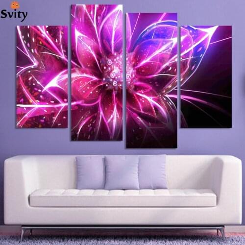 4 Piece Free Shipping Cheap abstract Modern Wall Painting purple pink flower Home Decorative Art Picture Paint on Canvas Prints