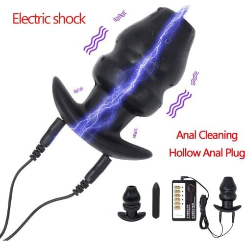 Hollow Butt Plug Enemator Electro Shock Anal Speculum 10 Speed Vibrator Anal Dilator Electric Massager Sex Toys for Men Women