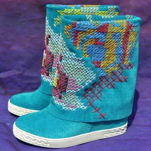 Spring Perforated Suede Leather Multicolors Cross-stitch Embroidery Boots Height Increasing Collar Down Slip On Med Calf Bottine