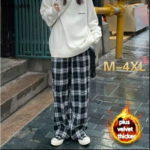 Pants Women Plaid BF Large Size 4XL Retro All-match Harajuku Trousers Simple Elegant Female Street Wear Plus Velvet Thicker Warm