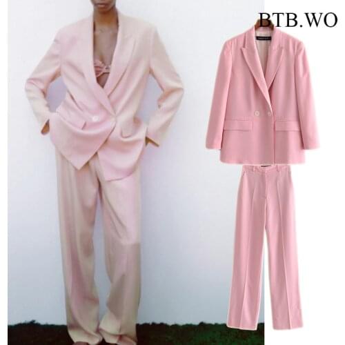 BTB.WO Za 2021 Women Office Suit New Fashion Blazer Pink Pantsuit Double Breasted Jacket Female Straight Pants 2 Pieces Set