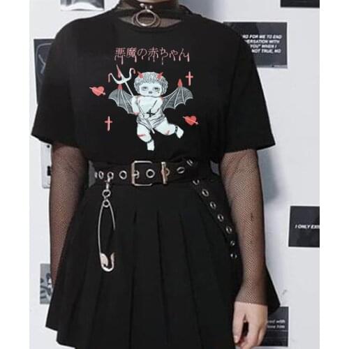Demon Cherub Oversized Female Goth T Shirt Punk Gothic Lolita Clothing Women T-Shirts Grunge Streetwear Kawaii Y2k Aesthetic Top