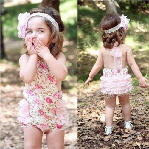 Newborn Baby Kids Girl Bodysuits Fashion Rose Flower Lace Sleeveless Jumpsuits Summer Clothes for Kids Age 0-24M