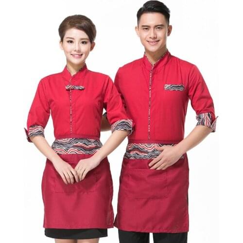 Middle Sleeve Shirt+Apron Uniform Work Men Chinese Food Restaurant Waiter Clothes set Free Shipping Hot Pot Cheap Workwear Sales