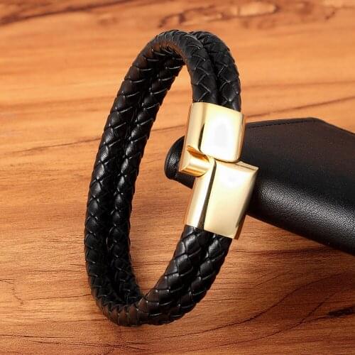 Classic Style Leather Bracelet Double Layer Braided 19/21/23CM Magnetic Clasp Gold Color Charm Jewelry For Men Women Couple Gift