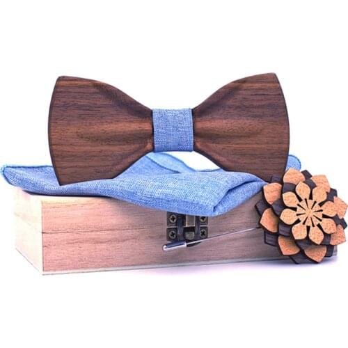 Linbaiway Adult Wooden Bow Tie Set for Mens Suit Handkerchief Bowtie Brooches Cravate Homme Noeud Papillon Corbatas Gift for Men