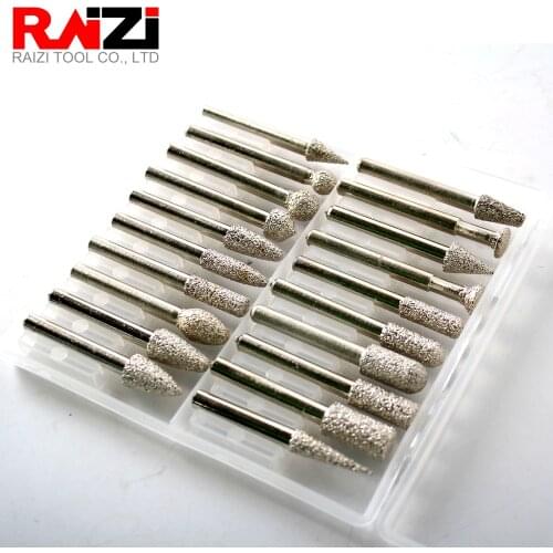 Raizi 20pcs Vacuum Brazed Diamond Burr Set for Stone Shaping Rotary Tools 1/4" Shank Carving Profiling Bits Grinding Head