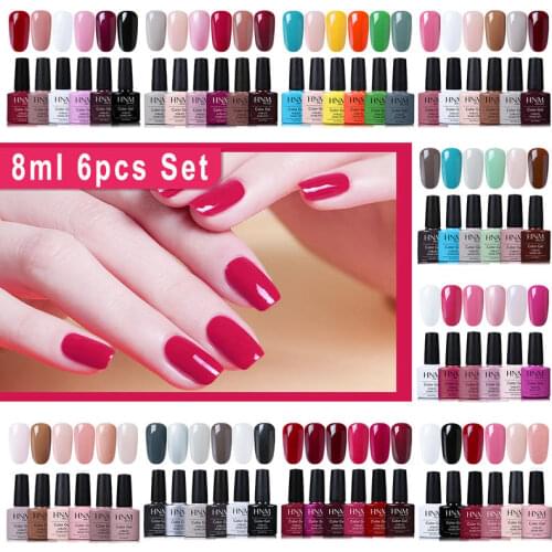 HNM 7.3ML 6Pcs Gel Polish Kit Soak Off Classic Color Gel Nail Varnish Primer UV LED Shiny Gloss Gel Polish Salon Manicure