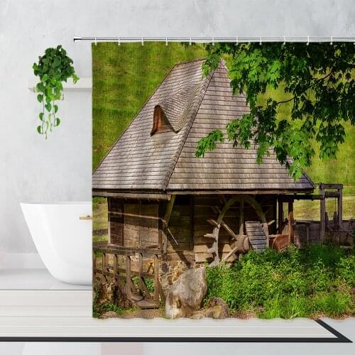Pastoral Farm Scenery Shower Curtains Wooden House Meadow Old Wheels Bathroom Decoration Polyester Curtain With Hooks Home Decor