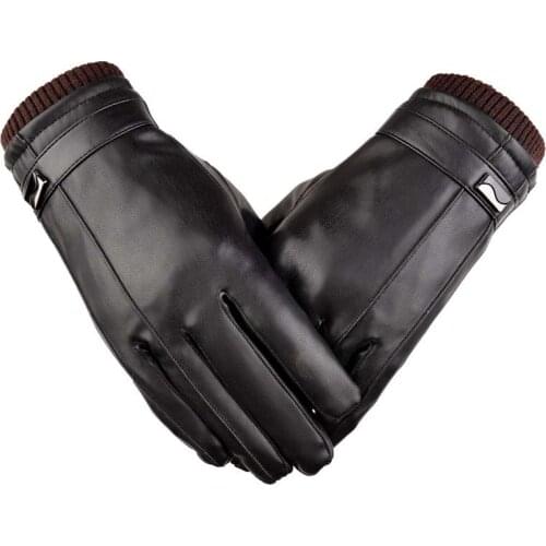 PU leather gloves ladies winter warm plus velvet touch screen thick gloves
