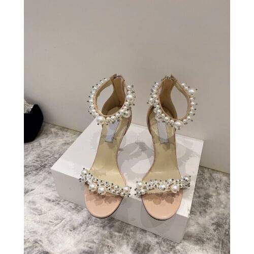Spring and summer pearl buckle word belt high-heeled sandals imported lambskin upper princess fairy shoes pink 9 cm high-heeled