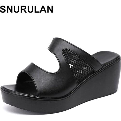 SNURULANNew Women Summer Shoes 2021 White Black Fashion Mesh Split Leather Shoes Wedge Platform Shoes Big Size Beach Slippers La