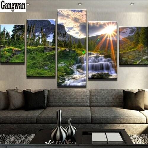 Sunrise Forest Waterfall Landscape Square,5 pcs Diamond Embroidery 5D,Diamond Painting,3d picture,Cross Stitch,Diamond Mosaic