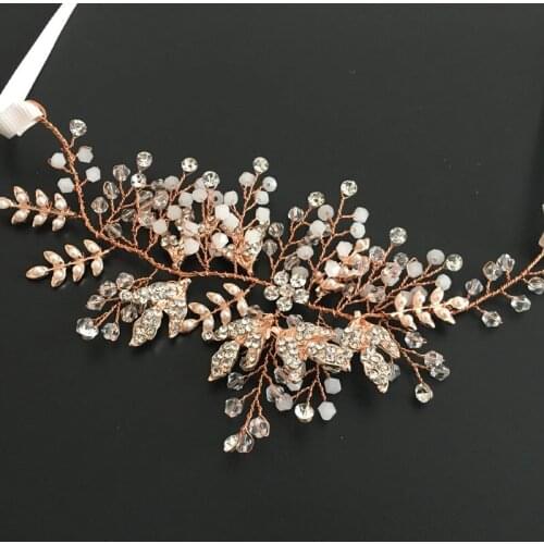 SLBRIDAL Rose Gold Wired Rhinestones Crystals Pearls Flower Wedding Headband Bridal Hair Vine Hair Accessories Bridesmaids Women