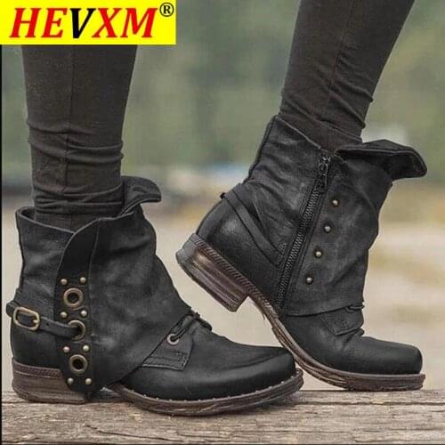 2020 New Womens Ankle Boots Spot Zip Autumn and Winter New Hot Big Size Retro Square Head Womens Pu Leather Boots