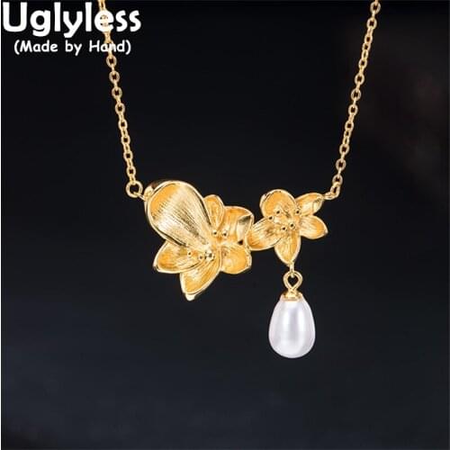 Uglyless 100% Real 925 Sterling Silver Blooming Flowers Chokers for Women Elegant Pearls Pendants Necklaces Gold Floral Jewelry